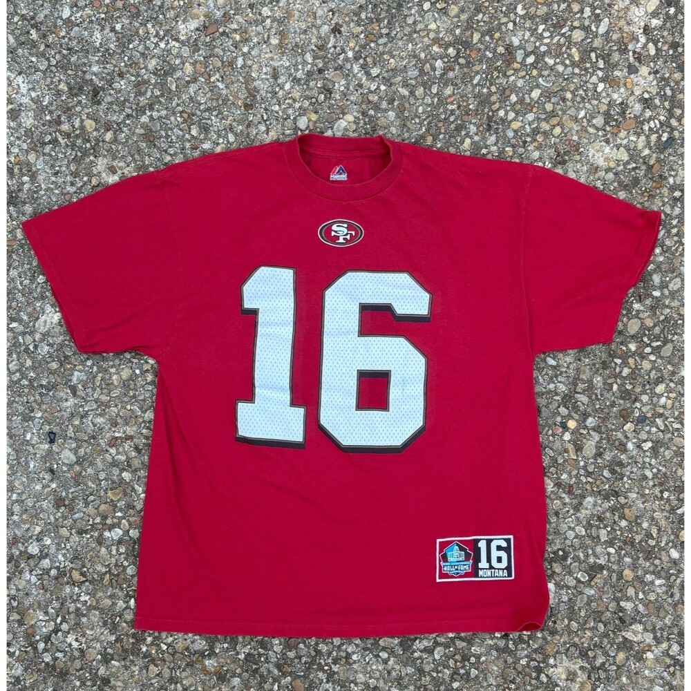 Majestic Joe Montana T-Shirt Mens XL Red Crew Neck Short Sleeve